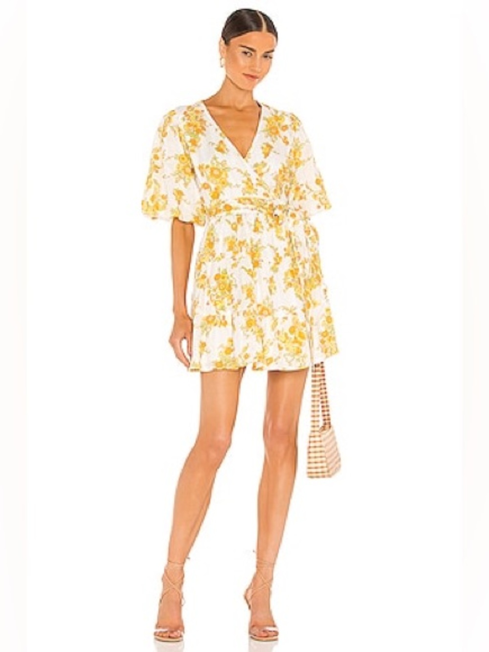 FAITHFULL THE BRAND Rooney Wrap Mini Dress in Linden Floral Print Yellow Size 6